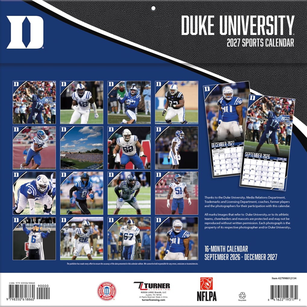 Duke Blue Devils 2027 12” x 12” Team Wall Calendar