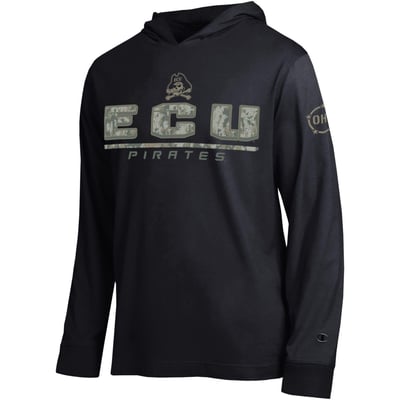  ECU Pirates Champion Operation Hat Trick Camo Script Hooded Long Sleeve T-Shirt - Black