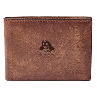 East Carolina Pirates Fossil Leather Derrick Front Pocket Bi-Fold Wallet - Brown
