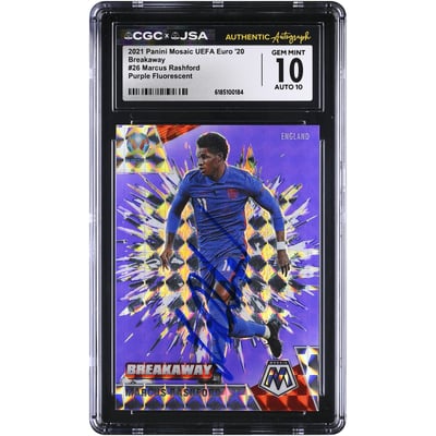 Marcus Rashford England National Team Autographed 2021 Panini Mosaic UEFA Euro '20 Breakaway Purple Fluorescent #26 #/70 CGC Authenticated 10/10 Card