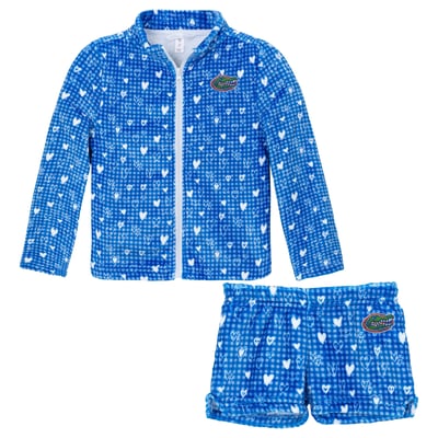 Florida Gators ZooZatz Girls Toddler Heart Plaid Plush Full-Zip Jacket & Shorts Set - Royal