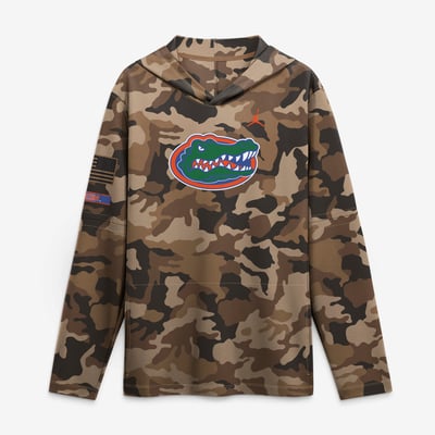 Florida Gators Jordan Brand 2026 Military Appreciation Sideline Dri-FIT Hooded Long Sleeve T-Shirt - Camo