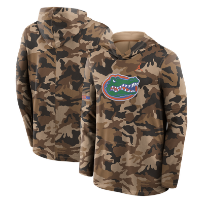 Florida Gators Jordan Brand 2026 Military Appreciation Sideline Dri-FIT Hooded Long Sleeve T-Shirt - Camo