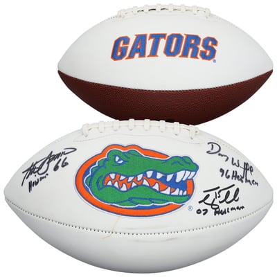 Tim Tebow, Steve Spurrier & Danny Wuerffel Florida Gators Autographed Fanatics Authentic Jardin White Panel Football with Multiple Inscriptions