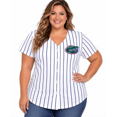Florida Gators Profile Women's Plus Size Stripe Glitter Button-Up Fashion Jersey Top - White/Royal