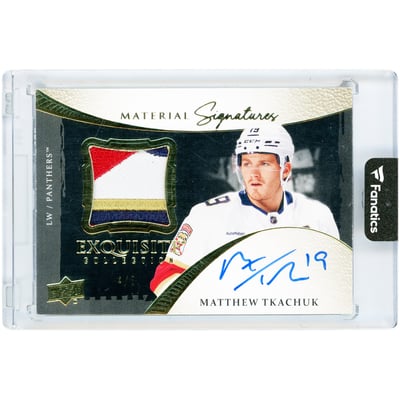 Matthew Tkachuk Florida Panthers Autographed 2023-24 Upper Deck Exquisite Collection Quad-Color Game Used Relic #ESM-MT #4/5 Card