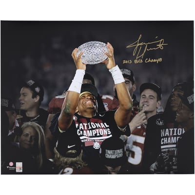 Jameis Winston Florida State Seminoles Autographed Fanatics Authentic 16" x 20" Holding BCS Trophy Spotlight Photograph with "2013 BCS Champs" Inscription