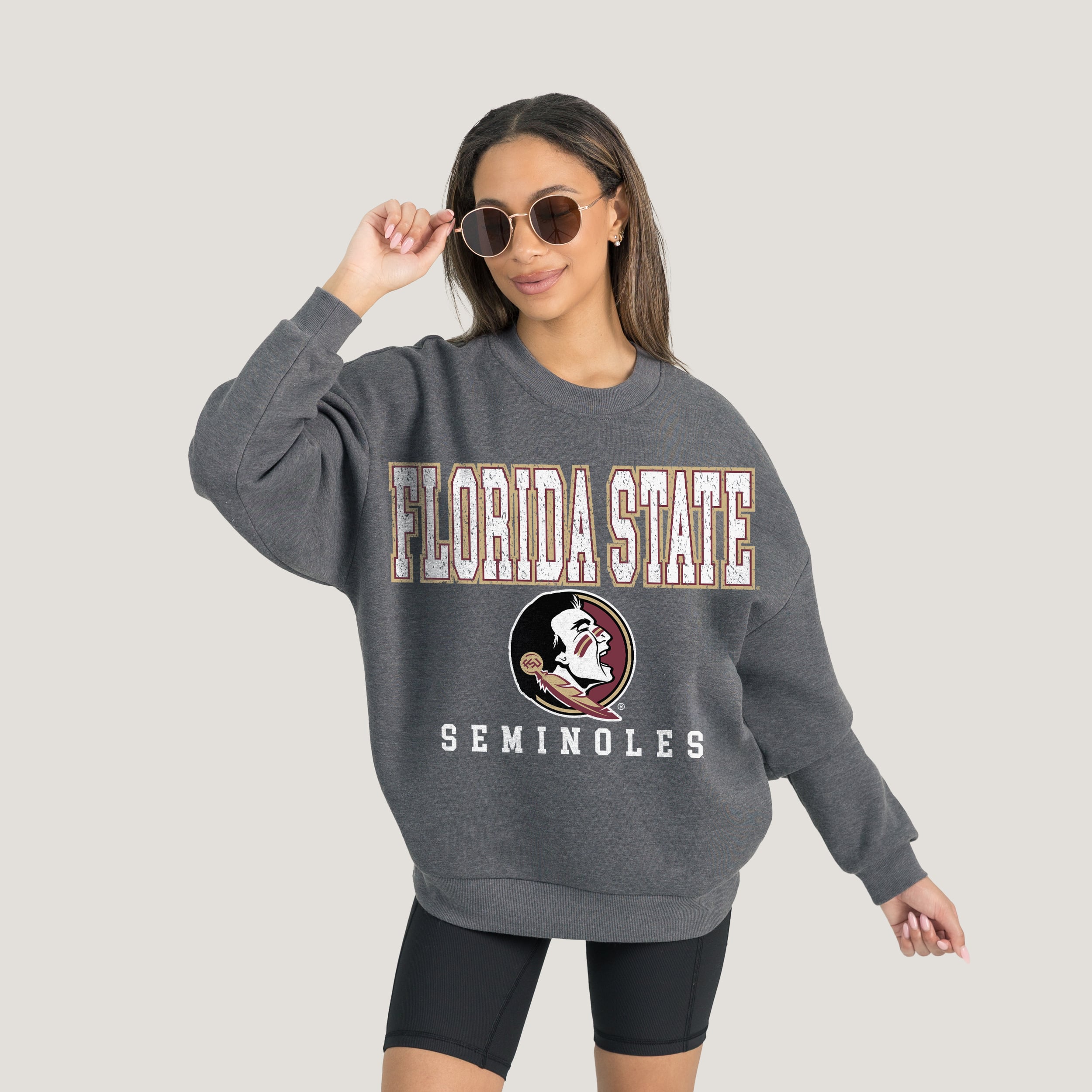 Florida State Seminoles Gameday Couture Women's Oversized Distressed Fleece Pullover Sweatshirt - Heather Charcoal