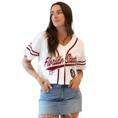Florida State Seminoles Gameday Social Women's Cropped Patch Baseball Fashion Jersey - Off White