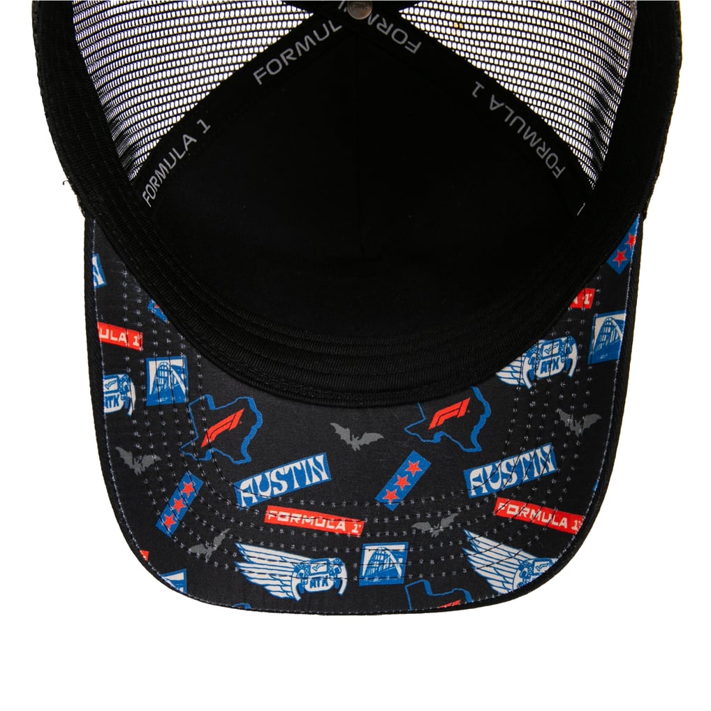 F1 Insomniac United States Grand Prix Pinched-Panel Patch Adjustable Trucker Hat - Black