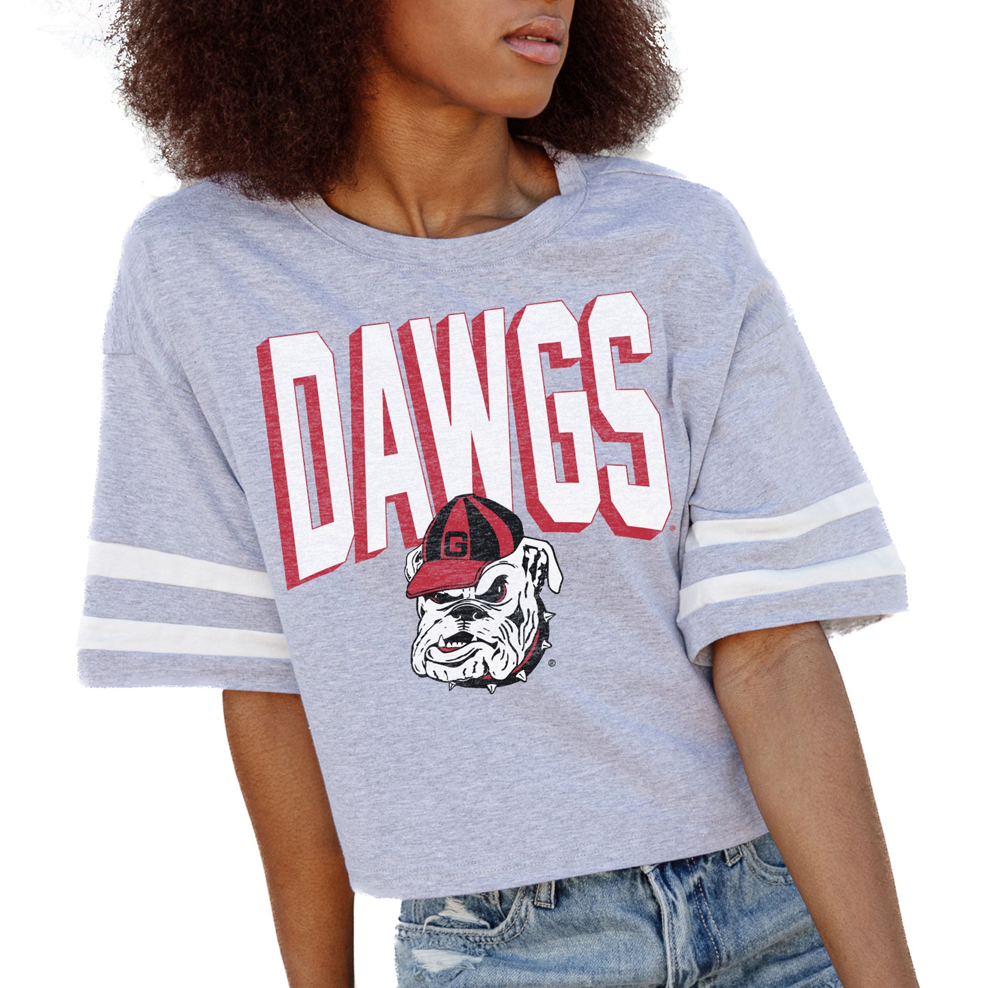 Women's Gameday Couture Gray Georgia Bulldogs No Shortcuts Drop Shoulder Sleeve Stripe Cropped T-Shirt