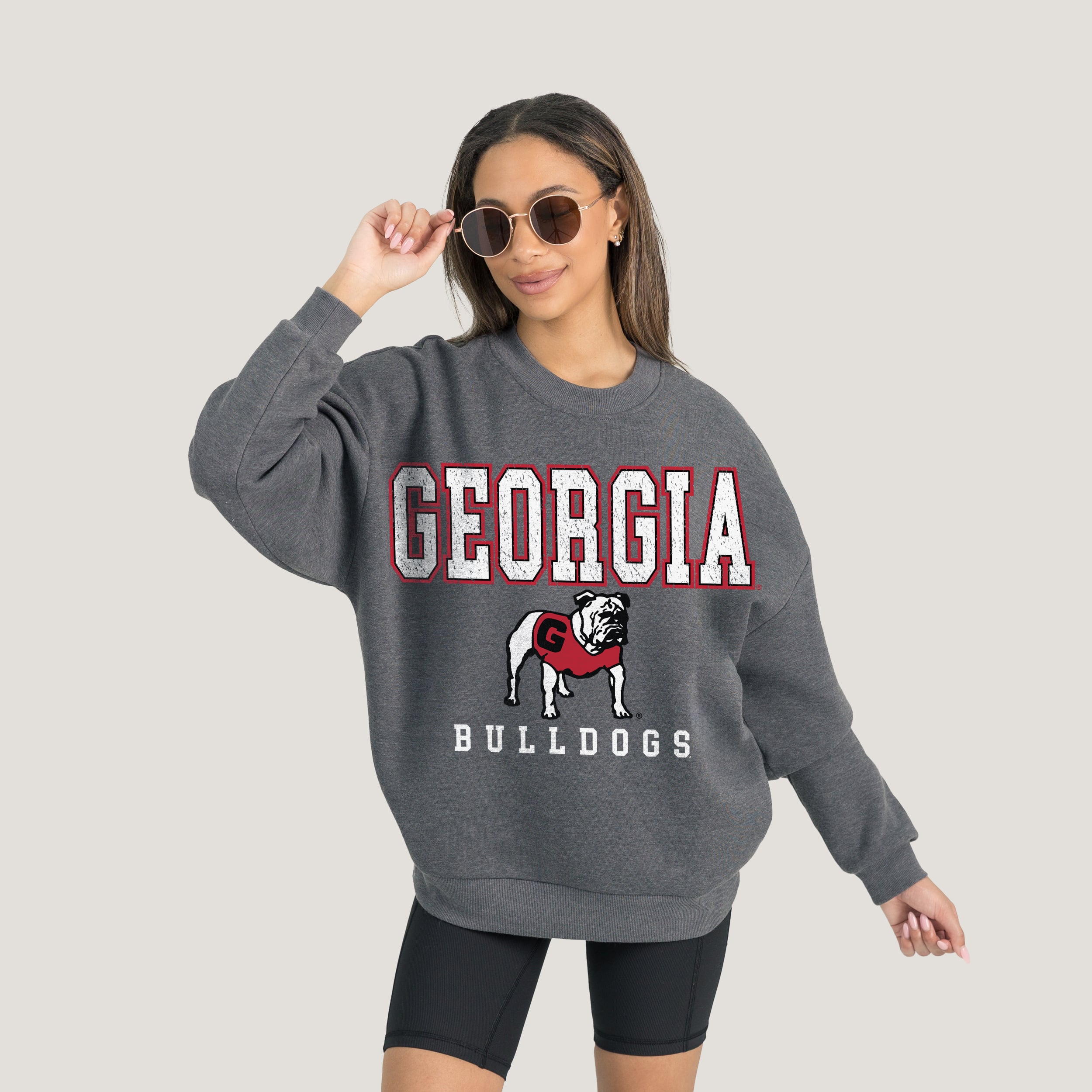 Georgia Bulldogs Gameday Couture Women's Oversized Distressed Fleece Pullover Sweatshirt - Heather Charcoal