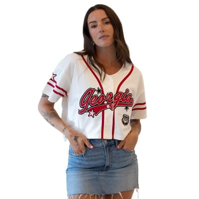 Georgia Bulldogs Gameday Social Women's Cropped Patch Baseball Fashion Jersey - Off White