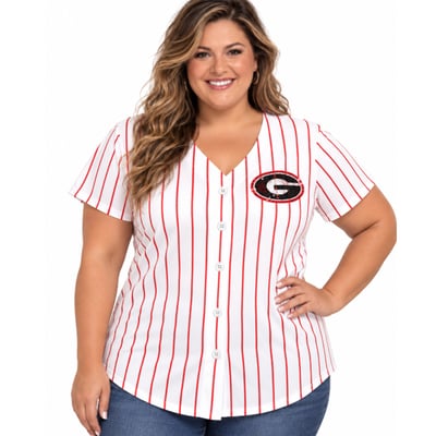 Georgia Bulldogs Profile Women's Plus Size Stripe Glitter Button-Up Fashion Jersey Top - White/Red