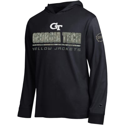  Georgia Tech Yellow Jackets Champion Operation Hat Trick Camo Script Hooded Long Sleeve T-Shirt - Black