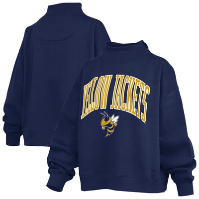  Georgia Tech Yellow Jackets Pressbox Women's Oversized Slogan Fleece Mock Neck Sweatshirt - Navy