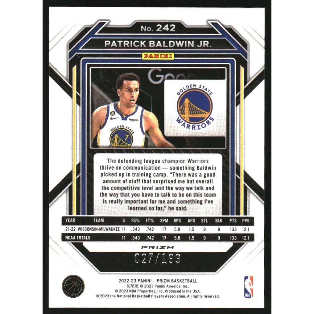 2022-23 Panini Prizm Prizms Blue #242 Patrick Baldwin Jr.