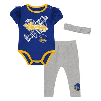 Golden State Warriors Outerstuff Girls Infant Team Heart Bodysuit, Pants & Headband Set - Royal/Gray