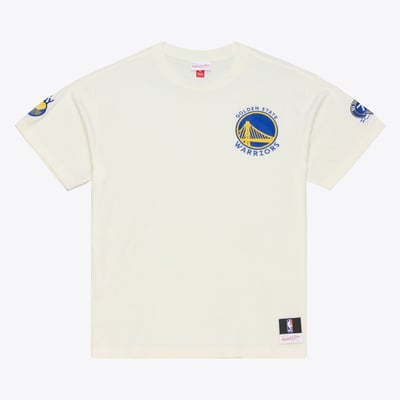 Golden State Warriors Mitchell & Ness Hardwood Classics Chainstitch Premium T-Shirt - Cream