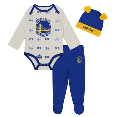 Golden State Warriors Outerstuff Newborn & Infant Pinch Post Bodysuit, Pants & Cuffed Knit Hat Set