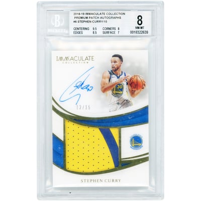 Stephen Curry Golden State Warriors Autographed 2018-19 Panini Immaculate Collection Premium Patch Game Used Dual-Color Jersey Relic #PP-SCY #12/15 BGS Authenticated 8 Card
