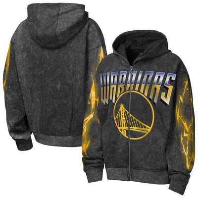  Golden State Warriors Outerstuff Youth Heating Up Mineral Wash Oversized Full-Zip Hoodie - Black