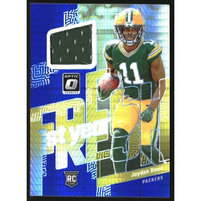 2023 Donruss Optic First Year Fresh Jerseys Blue Hyper #19 Jayden Reed