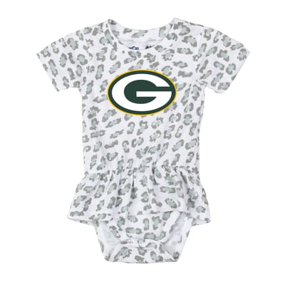  Green Bay Packers Wes & Willy Girls Infant Leopard Print Ruffled Romper - White