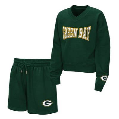  Green Bay Packers WEAR by Erin Andrews Girls Youth Red Zone Fleece V-Neck Sweatshirt and Shorts Set - Green