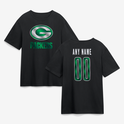 Green Bay Packers Big & Tall Metallic Mascot Personalized Name & Number T-Shirt - Black