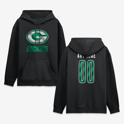 Green Bay Packers  Metallic Mascot Personalized Name & Number Hoodie - Black