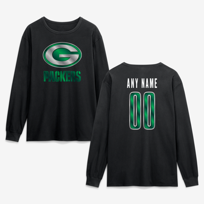 Green Bay Packers  Metallic Mascot Personalized Name & Number Long Sleeve T-Shirt - Black