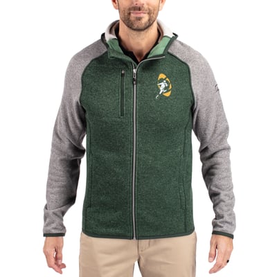  Green Bay Packers Cutter & Buck Throwback Mainsail Sweater-Knit Full-Zip Hoodie - Heather Green/Heather Gray