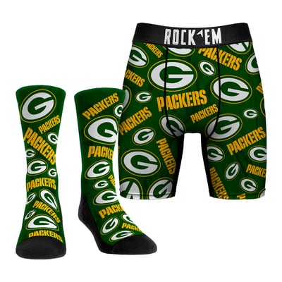  Green Bay Packers Rock Em All-Over Logo Underwear and Crew Socks Combo Pack - 