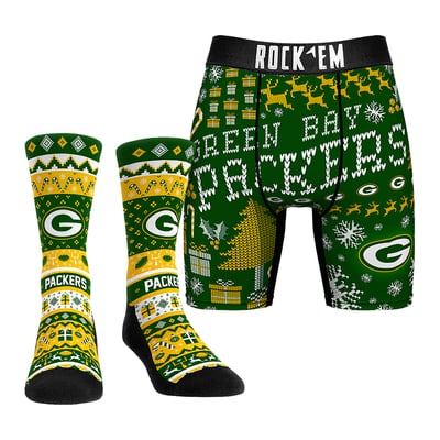 Green Bay Packers Rock Em Socks Holiday Tacky Sweater Underwear and Crew Socks Combo Pack