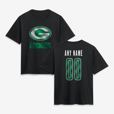 Green Bay Packers Women's Metallic Mascot Personalized Name & Number T-Shirt - Black
