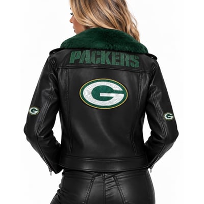 Green Bay Packers FABGATING by Cuce Women's Vegan Leather Faux Fur Moto Full-Snap Jacket - Black/Green