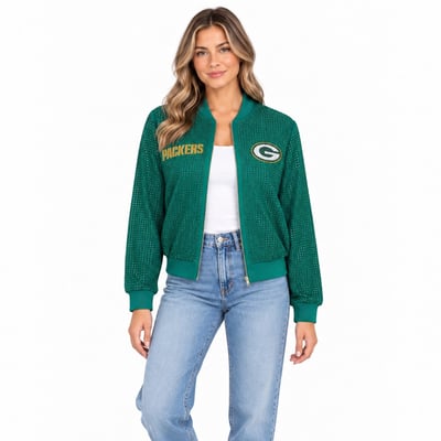 Green Bay Packers FABGATING by Cuce Women's Crystal Full-Zip Bomber Jacket - Green