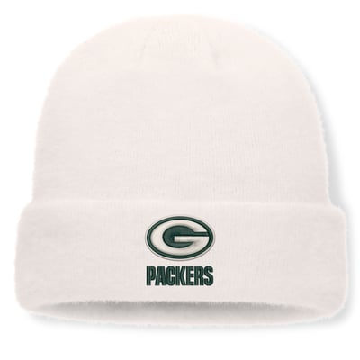 Green Bay Packers Fanatics Women's Puff Fuzzy Fleece Cuffed Knit Hat - White