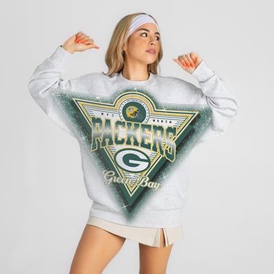 Green Bay Packers Gameday Couture Women's Chasing Victory Rhinestone Spray Oversized Fleece Sweatshirt - Heather Gray