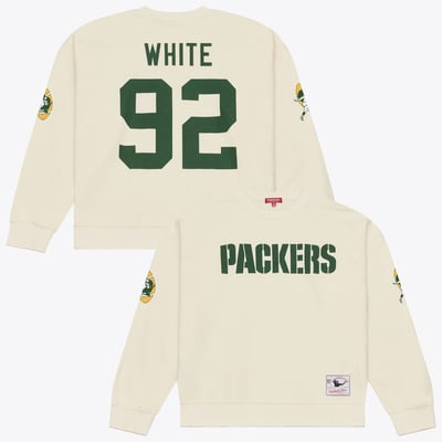 Reggie White Green Bay Packers Mitchell & Ness Women's Retired Legend Name & Number Crewneck Sweatshirt - Cream
