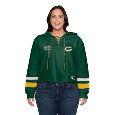 Green Bay Packers New Era Women's Plus Size Throwback Cropped Lace-Up Hoodie - Green