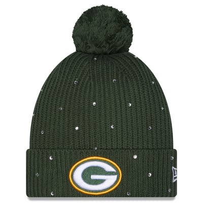 Green Bay Packers New Era Women's Rhinestone Cuffed Knit Hat with Pom - Green