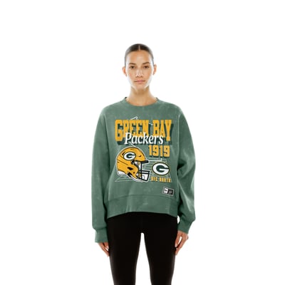  Green Bay Packers New Era Women's Throwback Mineral Wash Boxy Fleece Crewneck Sweatshirt - Green