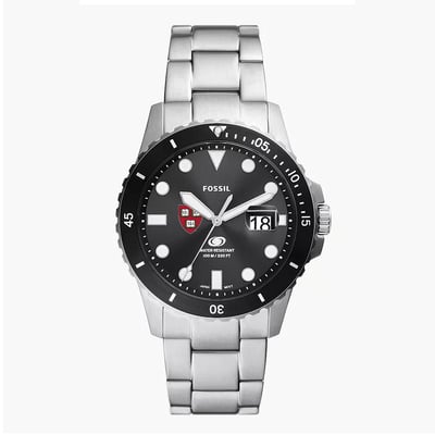 Harvard Crimson Fossil Blue Dive Three-Hand Date Stainless Steel Watch - Silver