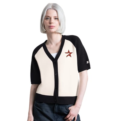 Houston Astros Starter Women's Cooperstown Collection Key Player Tri-Blend Cropped Button-Up Raglan Short Sleeve Sweater - Cream