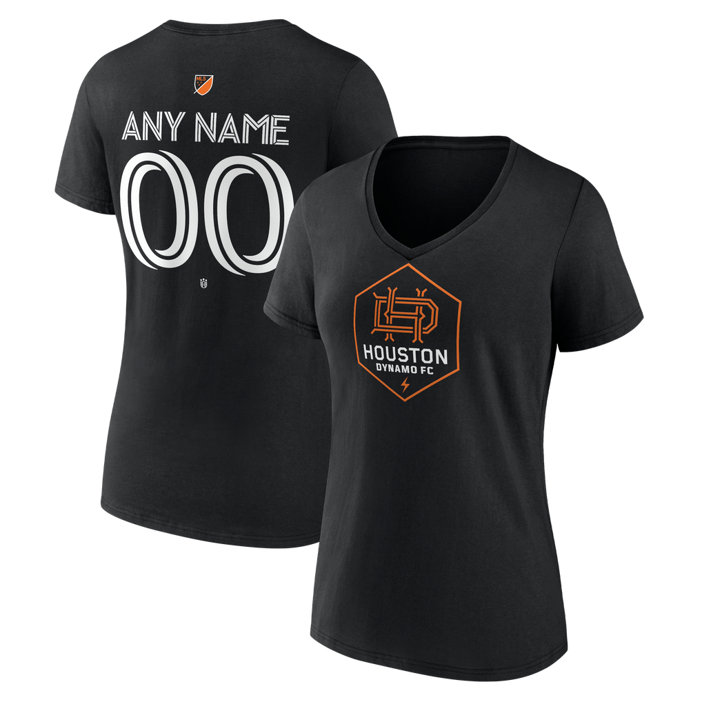 Houston Dynamo FC Women's Authentic Stack Personalized Any Name & Number V-Neck T-Shirt - Black