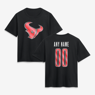 Houston Texans Women's Metallic Mascot Personalized Name & Number T-Shirt - Black