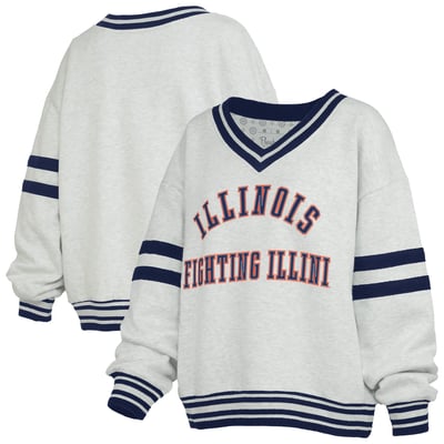 Illinois Fighting Illini Pressbox Women's Tackle Twill Oates V-Neck Sweatshirt - Heather Gray/Navy