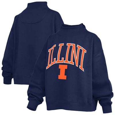  Illinois Fighting Illini Pressbox Women's Oversized Slogan Fleece Mock Neck Sweatshirt - Navy